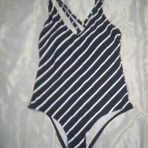 Kona Sol women's one-piece bathing suit navy blue/white lines sizeL